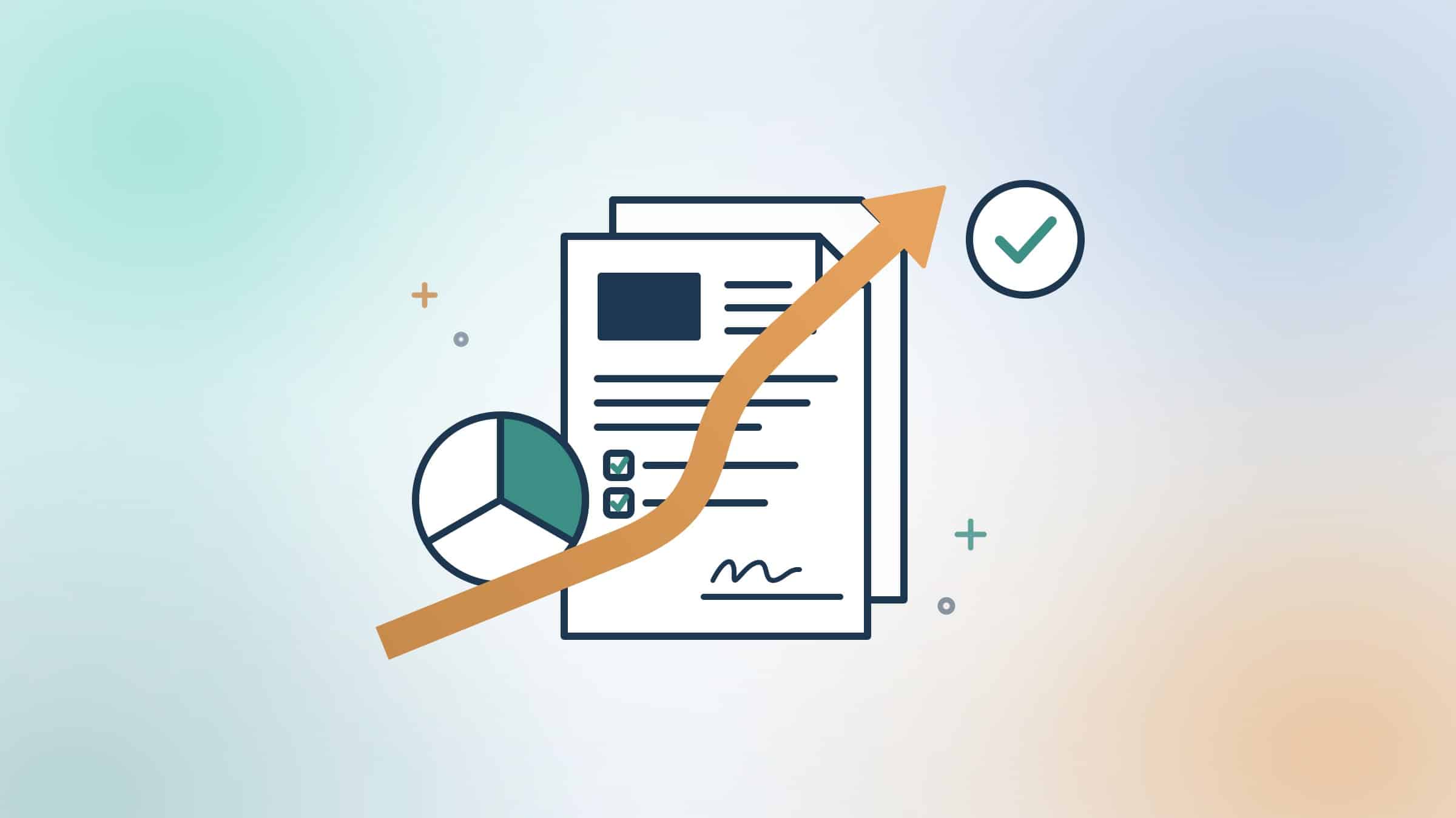 Abstract illustration of a proposal document with a rising growth arrow and approval check mark